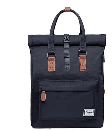 Men's casual polyester backpack in dark grey showing front view and open compartment with laptop pocket.
