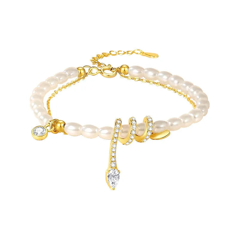 Pearl snake bracelet with geometric design in 925 silver with gold or white gold electroplating