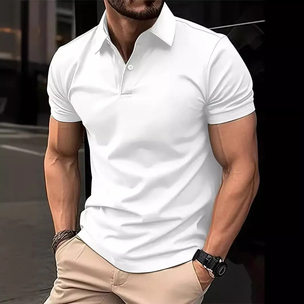 Men's slim fit short sleeve button-up shirt in a solid colour, made from cotton-polyester blend fabric.