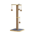 Windmill design cat climbing frame with hanging ball toy, made from pine wood and covered in beige carpet leather.