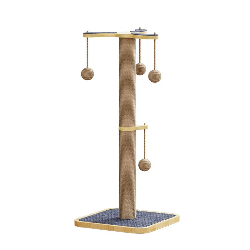 Windmill design cat climbing frame with hanging ball toy, made from pine wood and covered in beige carpet leather.