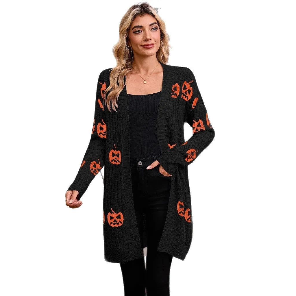Women's black Halloween cardigan with orange pumpkin head jacquard pattern, medium length straight cut