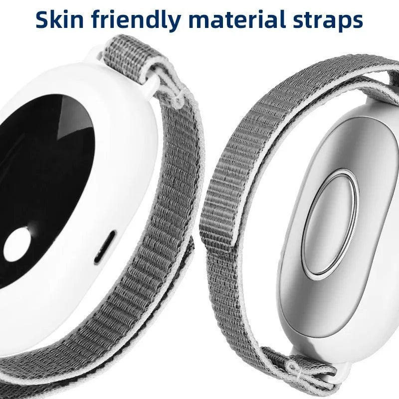 White sleep aid device with handheld remote control showing 20 intensity levels and USB charging port