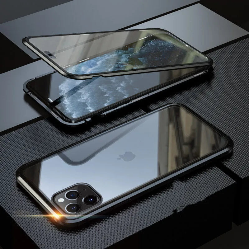 Anti-spy privacy phone case in black with a glass screen guard, shown next to an iPhone.