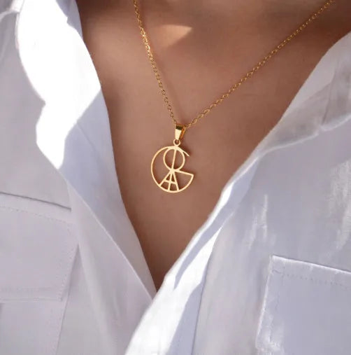 Letter design stainless steel pendant necklace on O-ring chain, silver finish, 41-50cm adjustable length