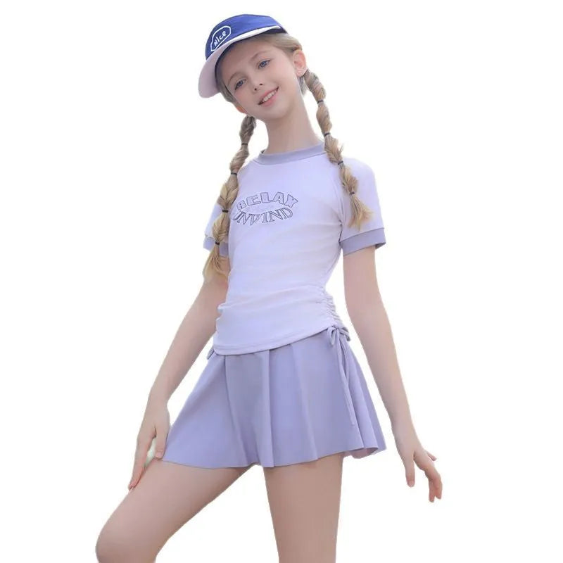 Children's high waist split swimsuit with skirt in pink polyester for swimming and wading