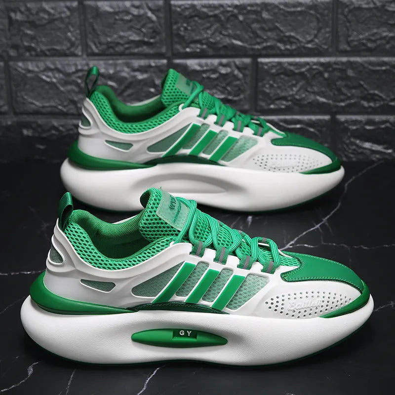 Men's white mesh breathable running sneakers with rubber sole and front lacing
