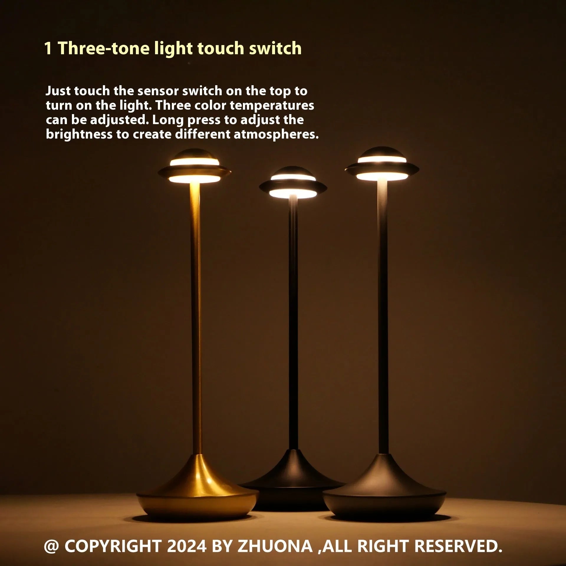 Modern UFO-shaped rechargeable table lamp in gold, grey, or black with touch dimming controls.