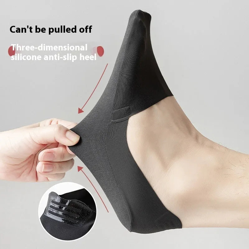 Men's invisible low cut socks with cotton bottom and ice silk, shown in black, gray, navy, khaki, white and green.