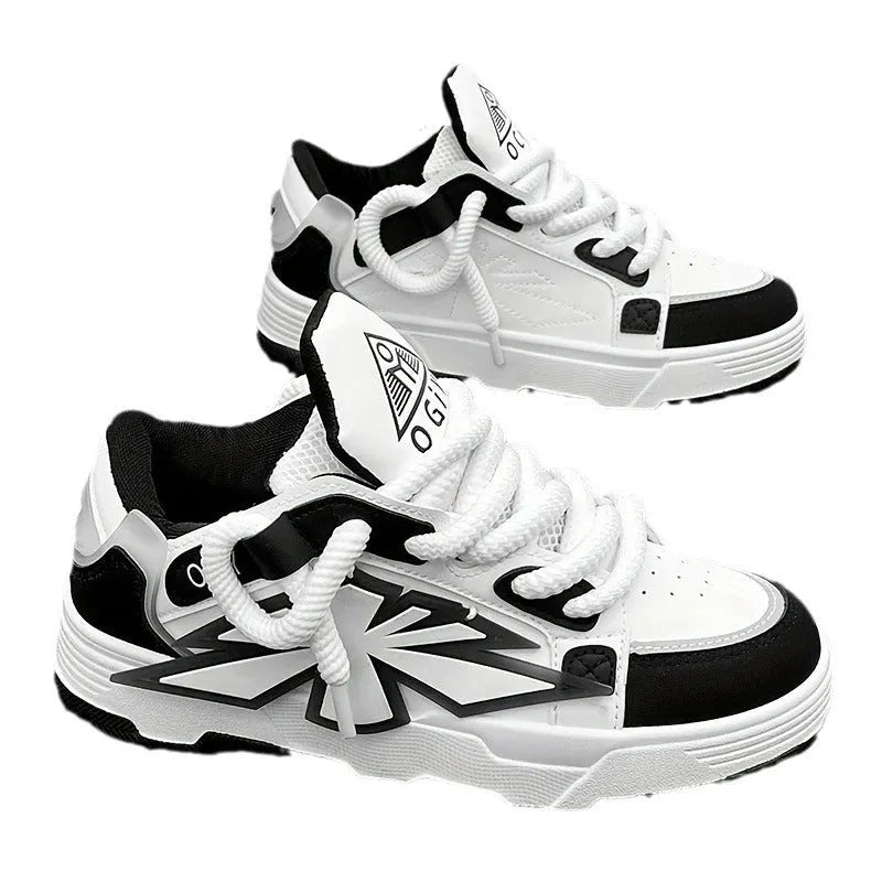 Men's white clunky sneakers with cartoon pattern, synthetic leather upper, rubber sole, and lace-up front.