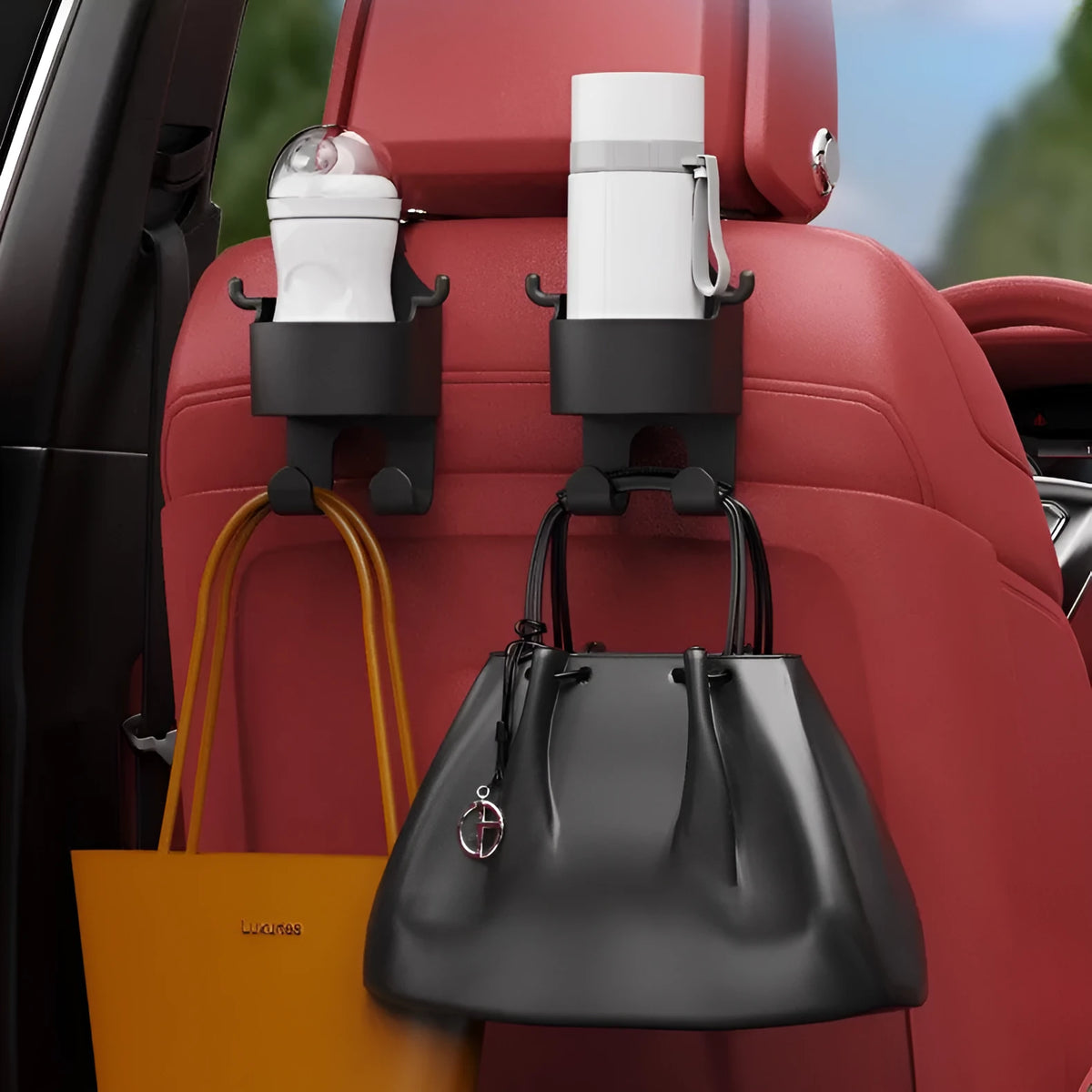 Black plastic car seat back organizer with cup holder and hanging hook for vehicle storage