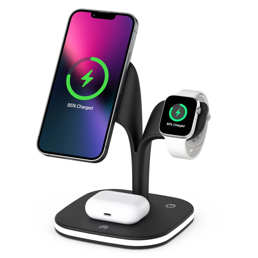 Black and white wireless charging station for phone, watch and headphones on a desk