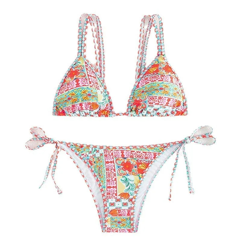 Women's lace-up front backless swimsuit bikini set in polyester fabric