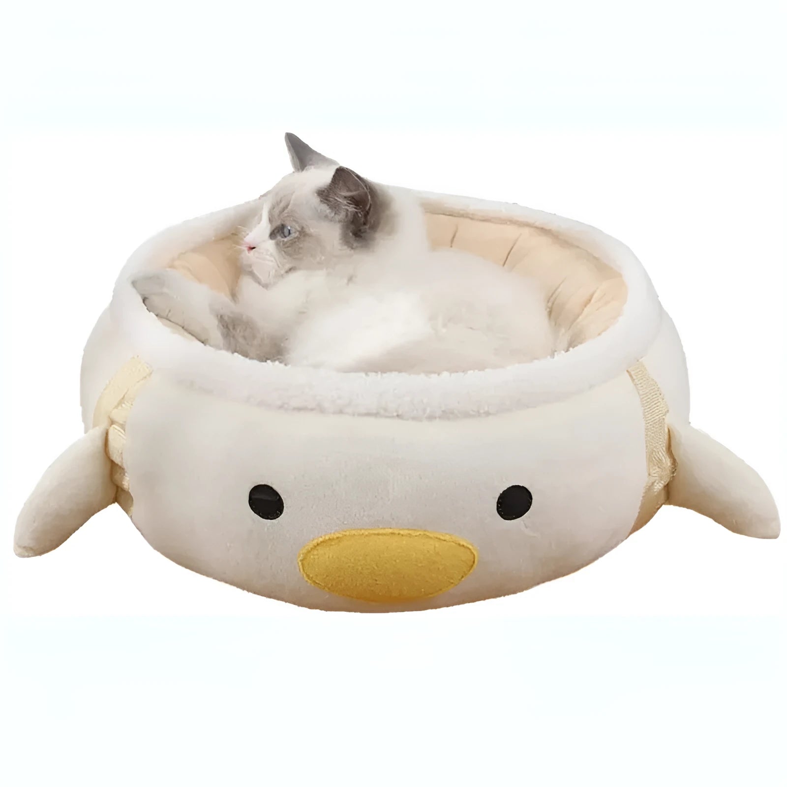 Green chick-shaped cat bed shown both laid flat and hanging as a hammock for small pets.