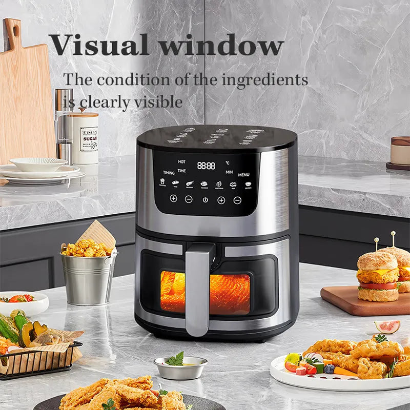 Stainless steel smart visual air fryer with 8-litre capacity and UK plug on countertop