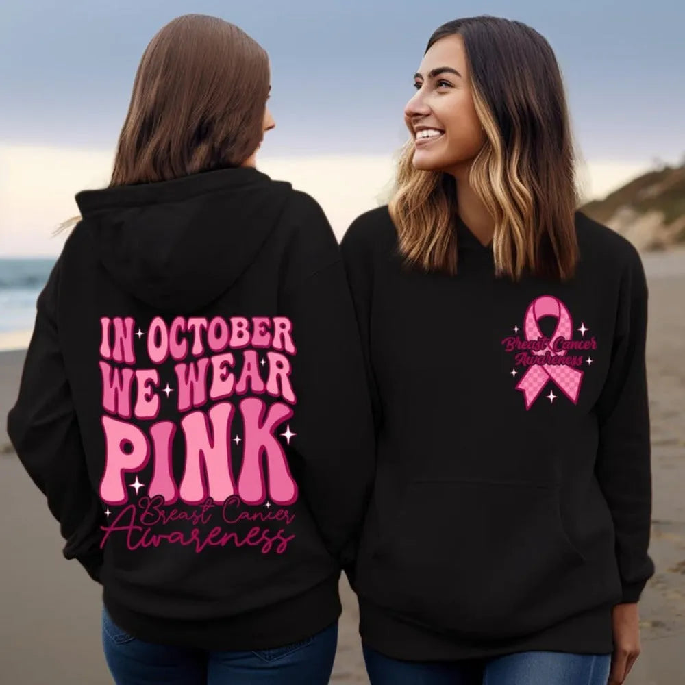 Breast Cancer Awareness hoodie sweatshirt with retro art pattern and side seam pocket