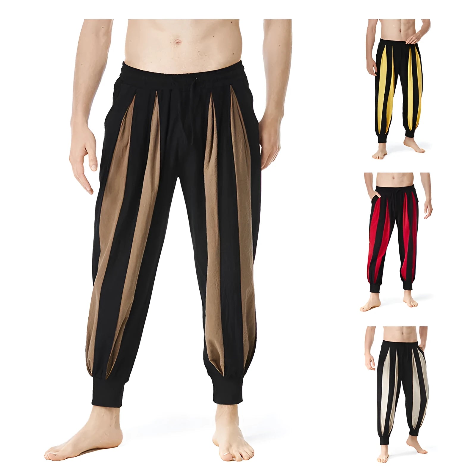 Men's straight-leg casual trousers in brown, showing front view on a model.
