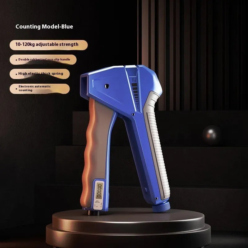Adjustable hand gripper exercise equipment in assorted colours showing spring grip and mechanical counter