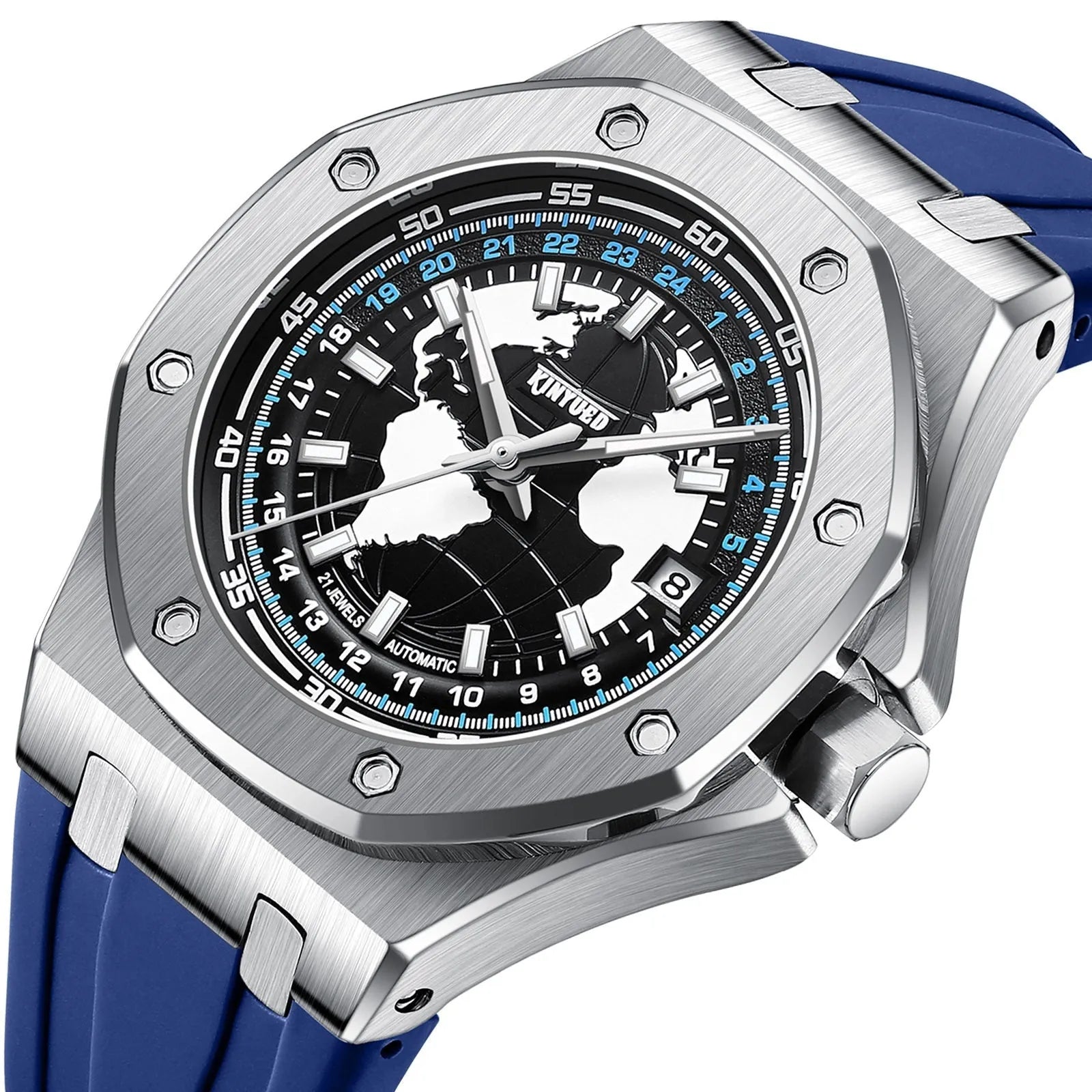 Automatic men's hollow mechanical watch with round alloy case, stainless steel strap, and mineral glass face on white background