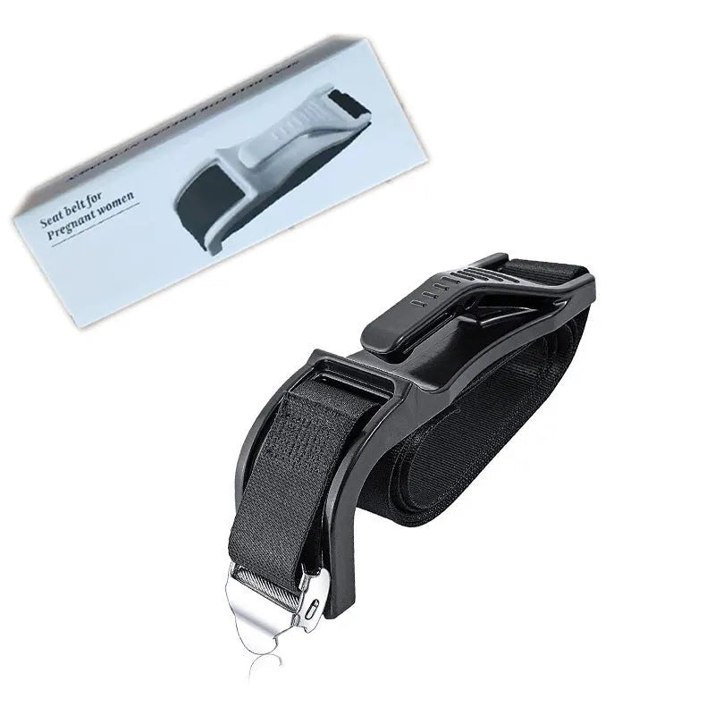 Black pregnancy safety belt with anti-strangulation design and metal buckle on adjustable ABS polyester strap