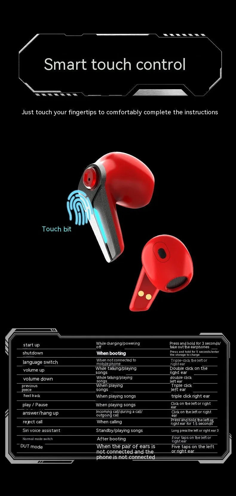 Mecha Wind true wireless Bluetooth headset in orange or red with zinc alloy half in-ear earbuds and 300mAh charging compartment.