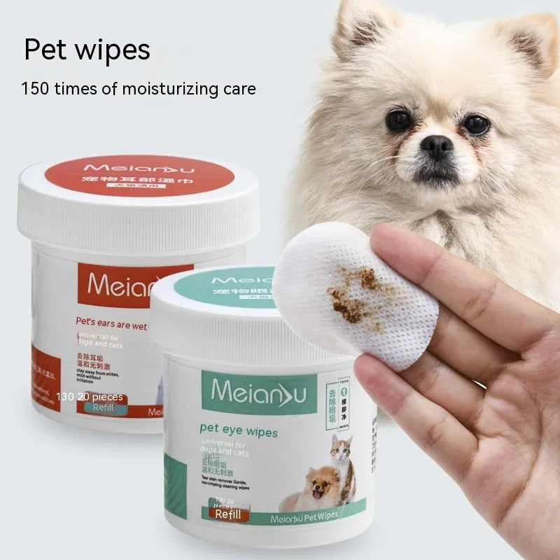Box of pet ear and eye cleaning wipes, non-woven fabric, 130 or 150 pieces, for dogs and cats