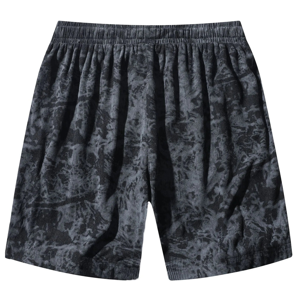 Men's corduroy camouflage pattern athletic shorts in a straight-leg style with a high waist.