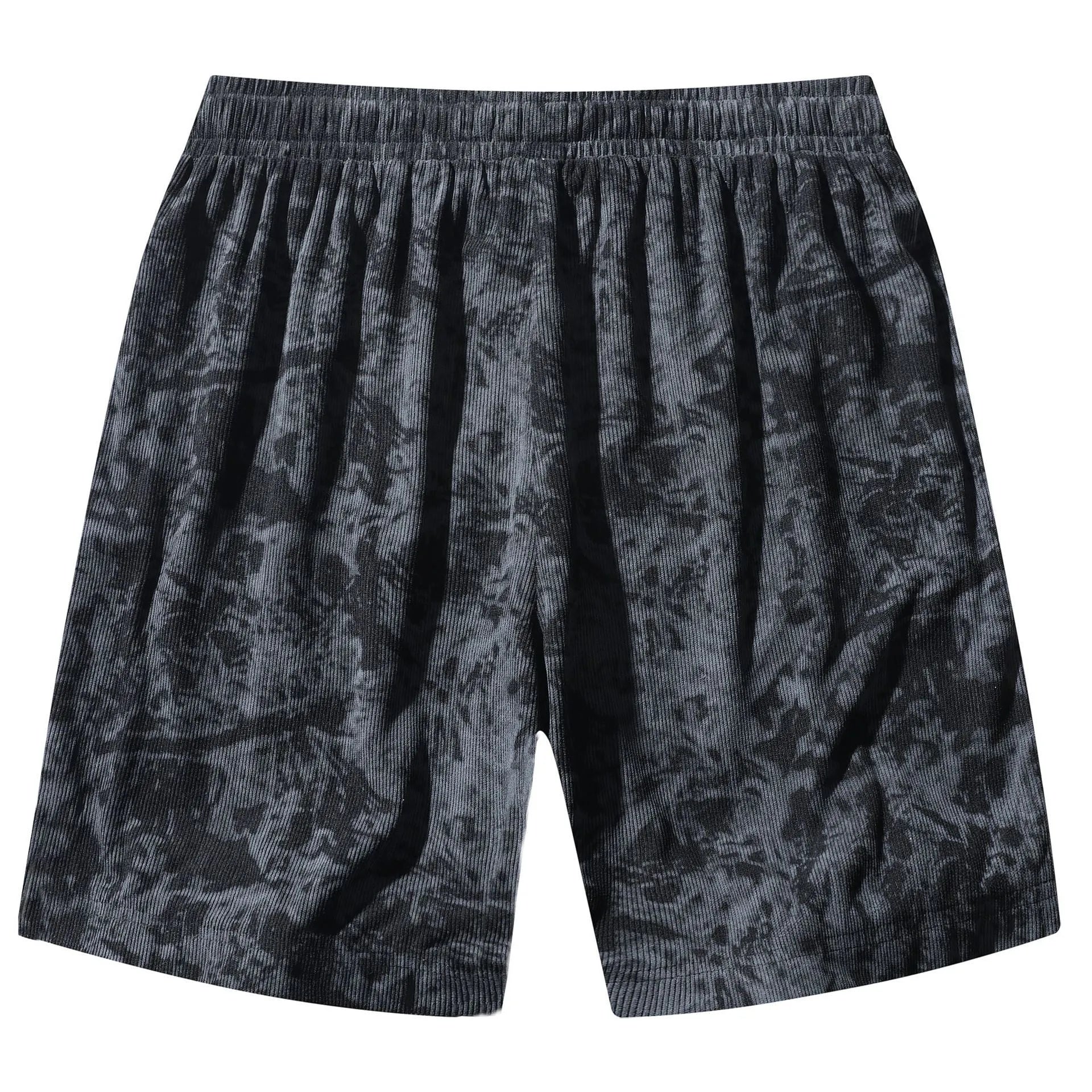 Men's corduroy camouflage pattern athletic shorts in a straight-leg style with a high waist.