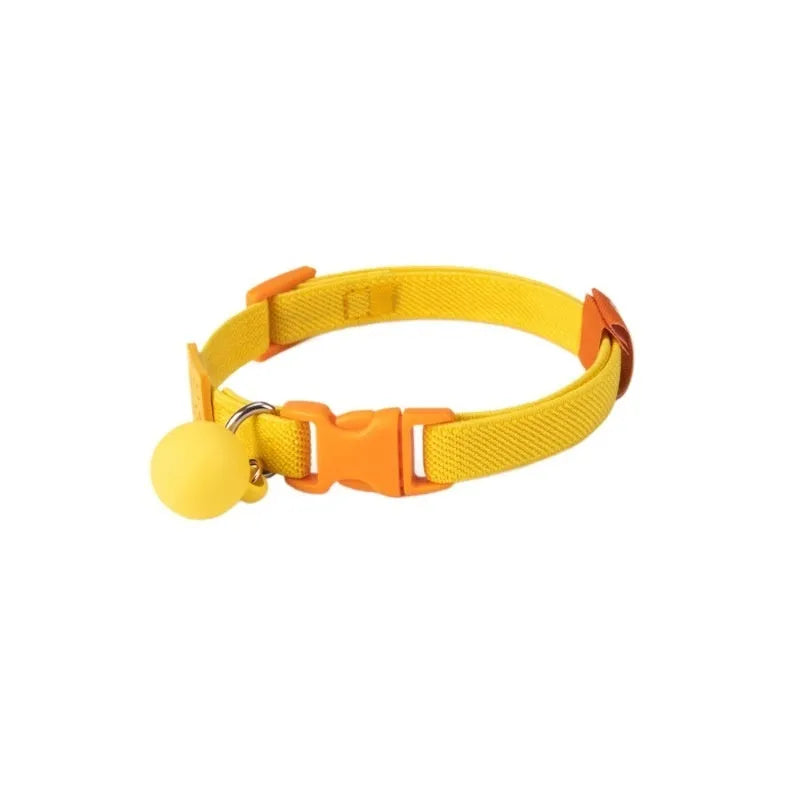 Small dog elastic collar in seven colour options showing yellow, pink, blue, purple, brown, navy and green versions