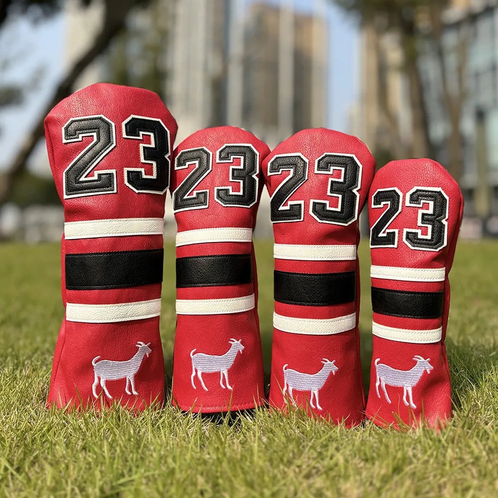 Set of four matching PU golf club headcovers: driver, two fairway woods, and a square putter sleeve in a chosen colour.