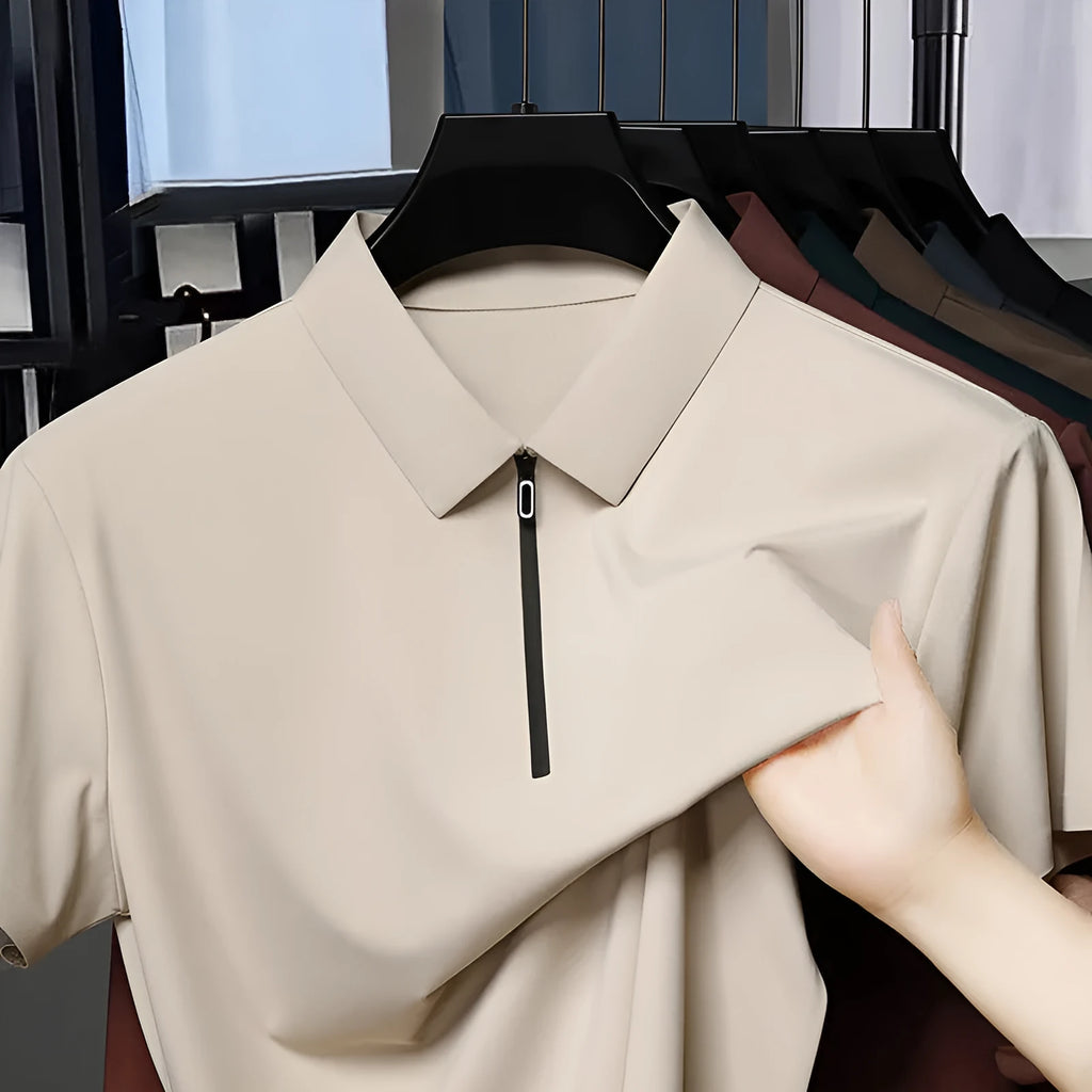 Men's half-zip seamless polo shirt in solid colour showing short sleeves and zip front, lightweight summer fabric
