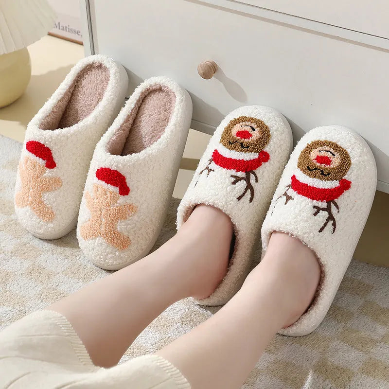 Christmas home slippers with cartoon Santa Claus design, suede upper, and furry lining