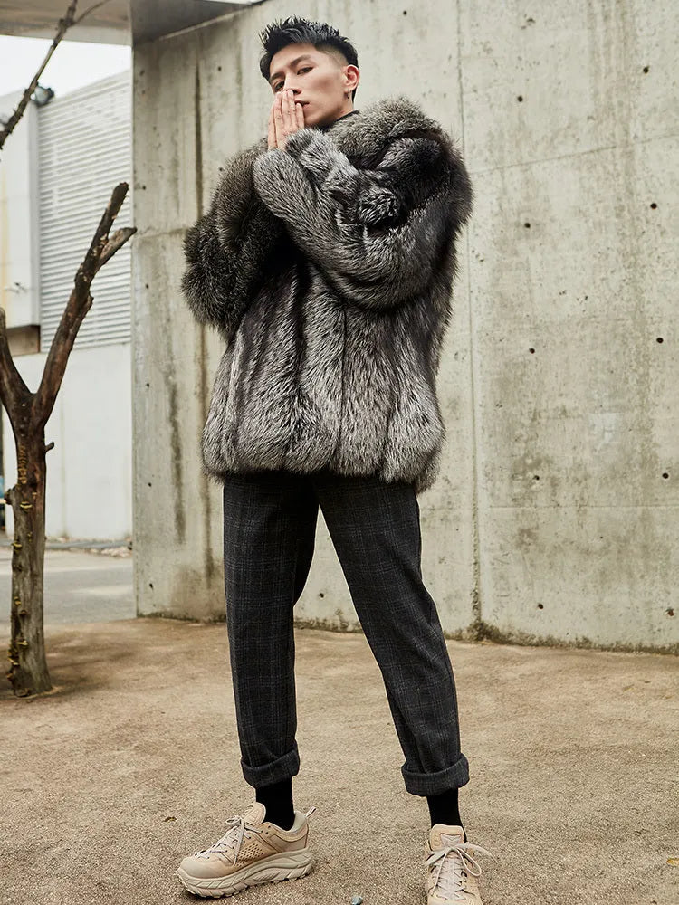 Men's fox fur winter jacket in silver beige with lapel collar, shown in size M to 3XL