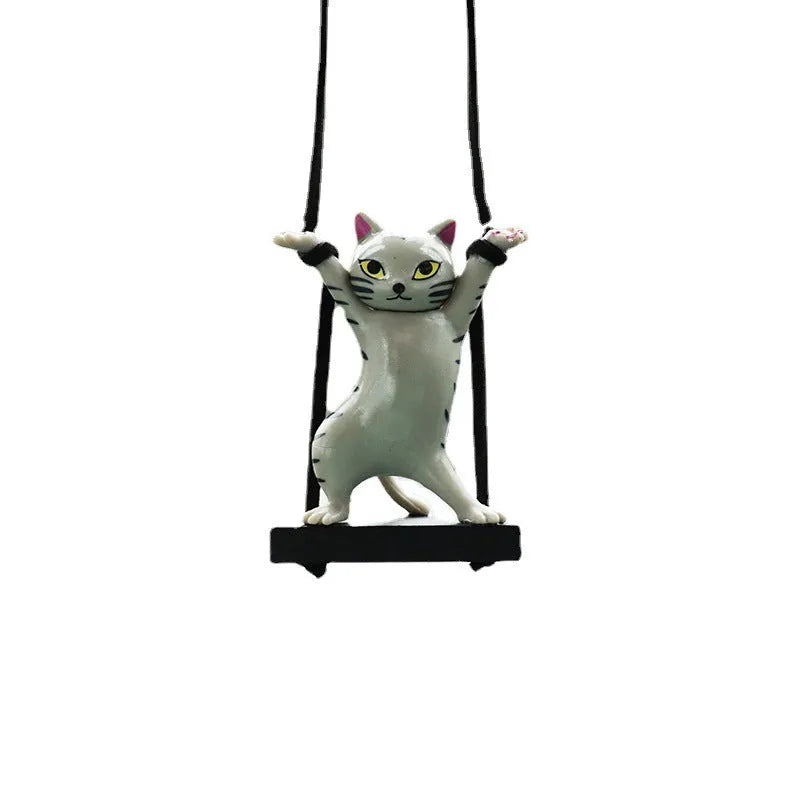 Cartoon-style resin cat pendant for car interior decoration with an adjustable rope, shown in black colour