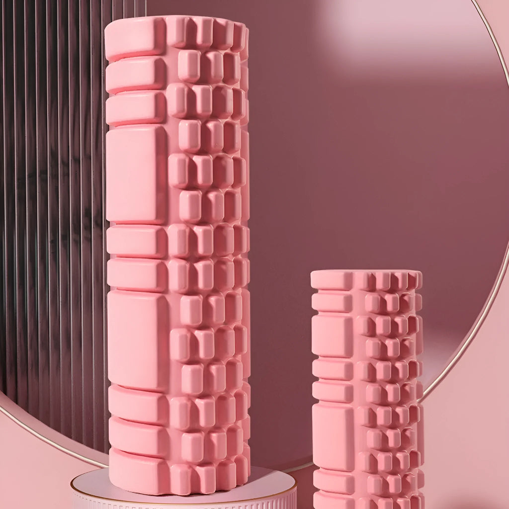 EVA foam roller for fitness in black, grey, pink, sky blue, or light purple, showing 30cm and 33cm diameter options.
