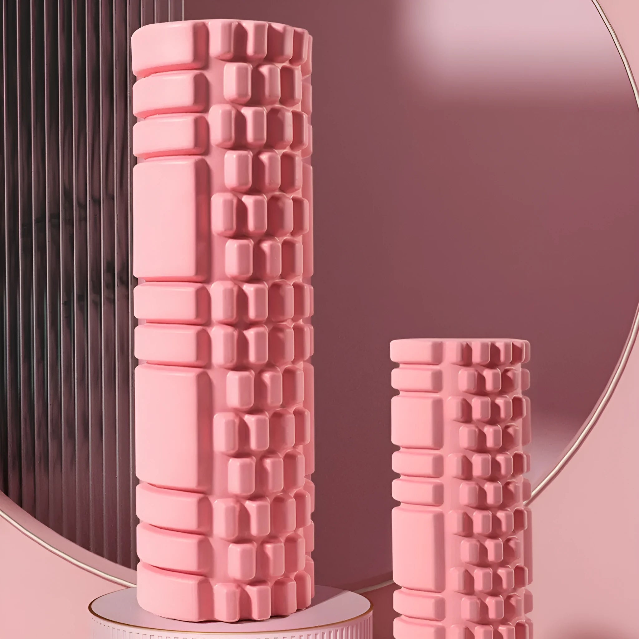 EVA foam roller for fitness in black, grey, pink, sky blue, or light purple, showing 30cm and 33cm diameter options.