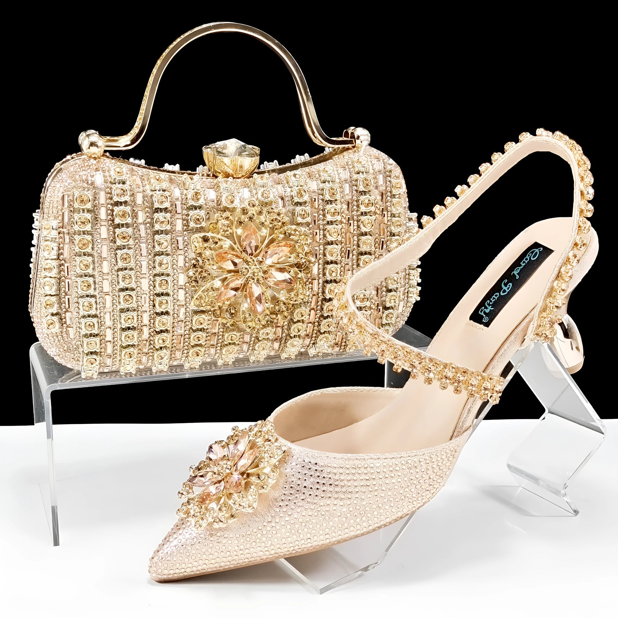 Women's high heel shoe and clutch bag set with decorative floral ankle chain in multiple colour options