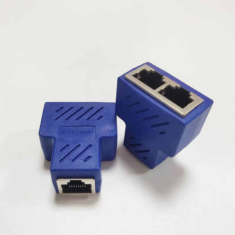 RJ45 network cable splitter tee adapter in five colour options with injection-moulded plastic housing