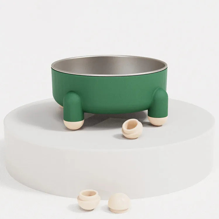 Stainless steel pet bowl with non-slip base and high foot in green, pink, and white colour options