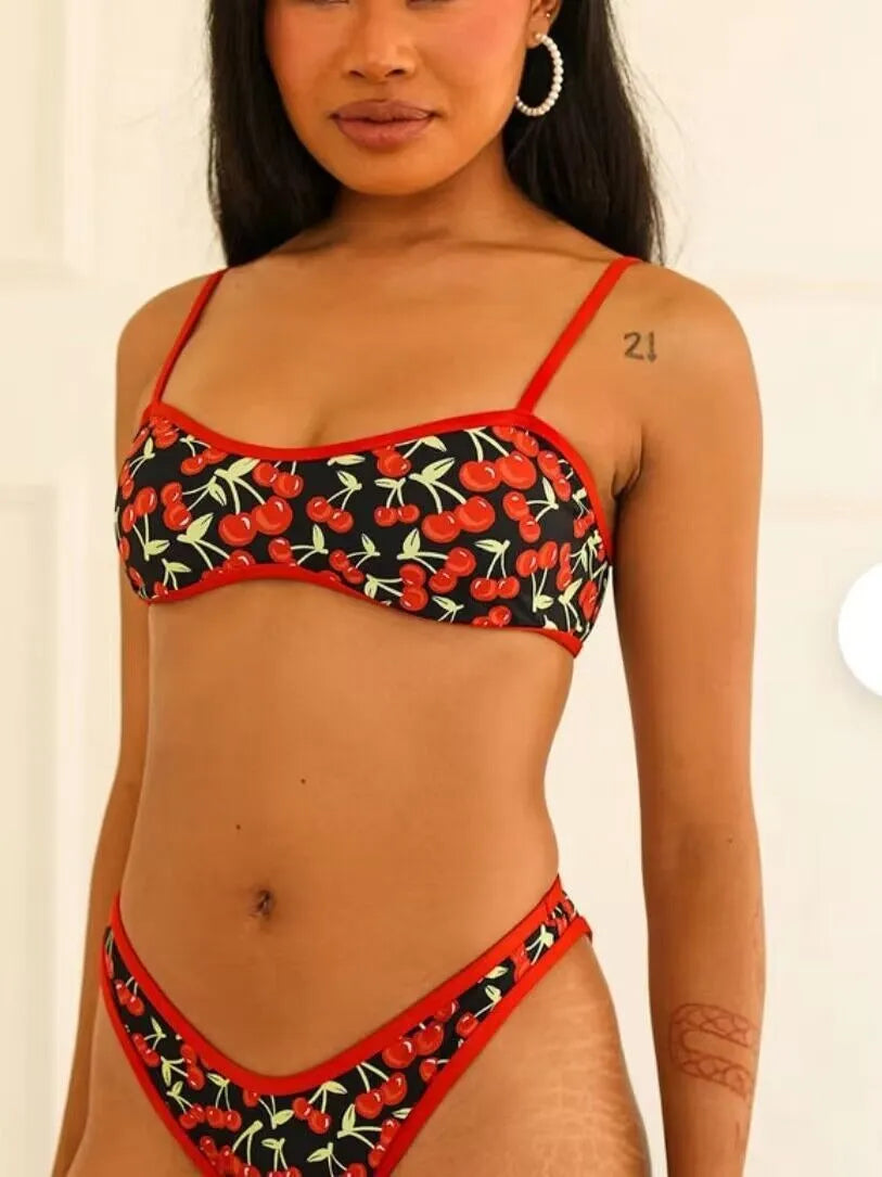 Women's cherry print tube top bikini set with brief bottoms in polyester fabric