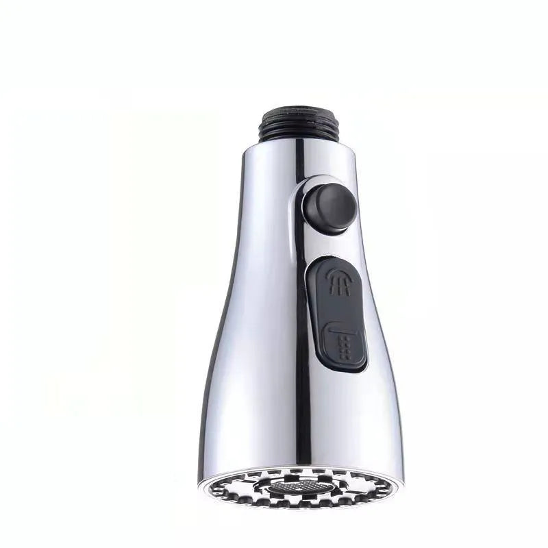 Silver universal kitchen faucet sprayer with rotating head shown on a sink tap.