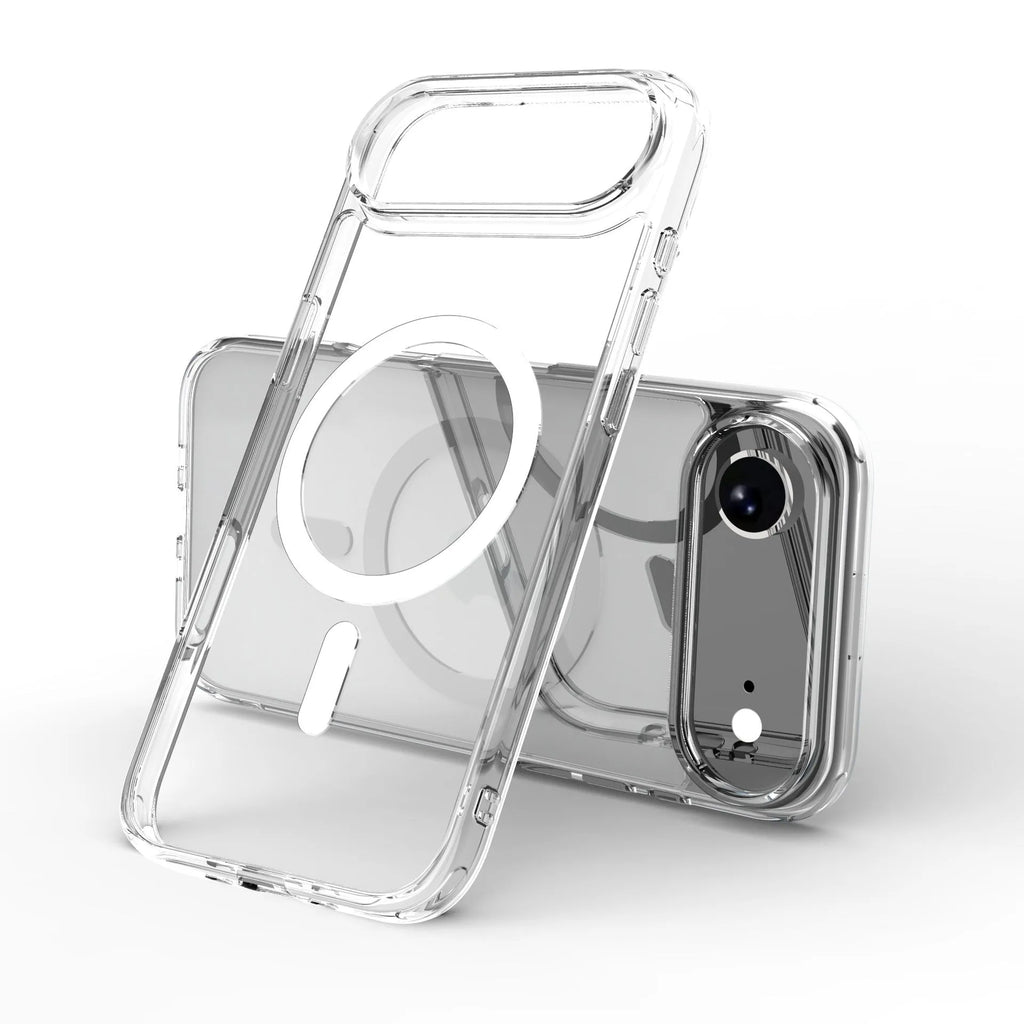 Transparent magnetic phone case for iPhone 17 models showing shockproof design