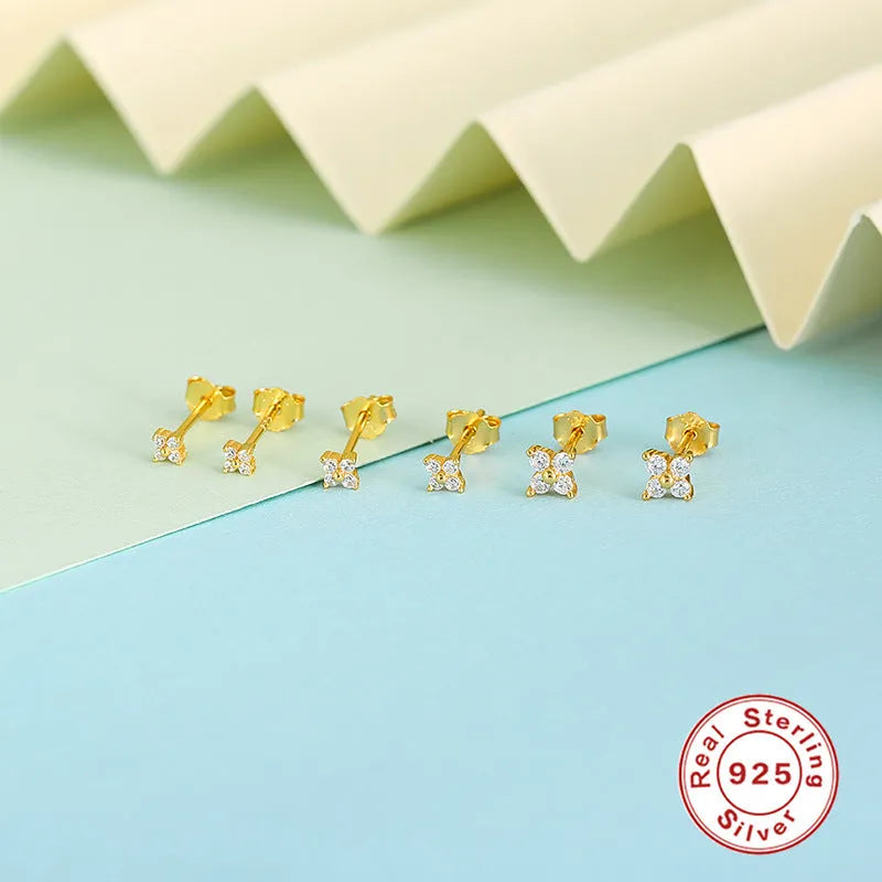 S925 sterling silver floral stud earrings in gold or platinum finish, available in 2.5mm, 3mm and 4mm sizes