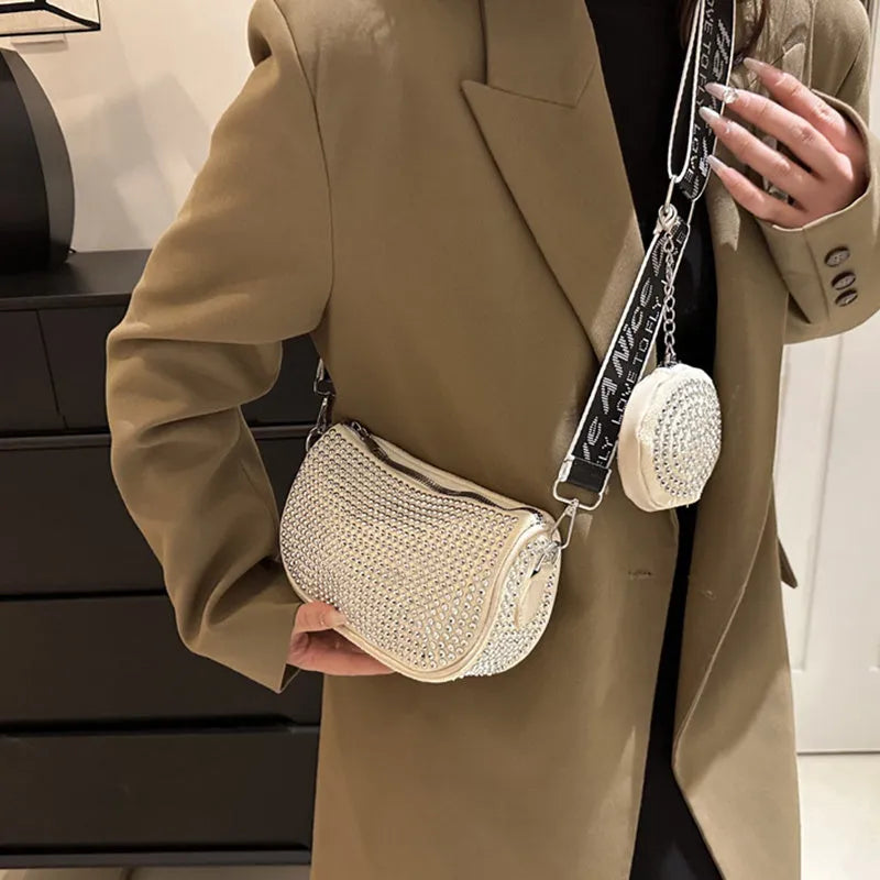 Rhinestone shoulder bag with small purse in black Oxford cloth for women