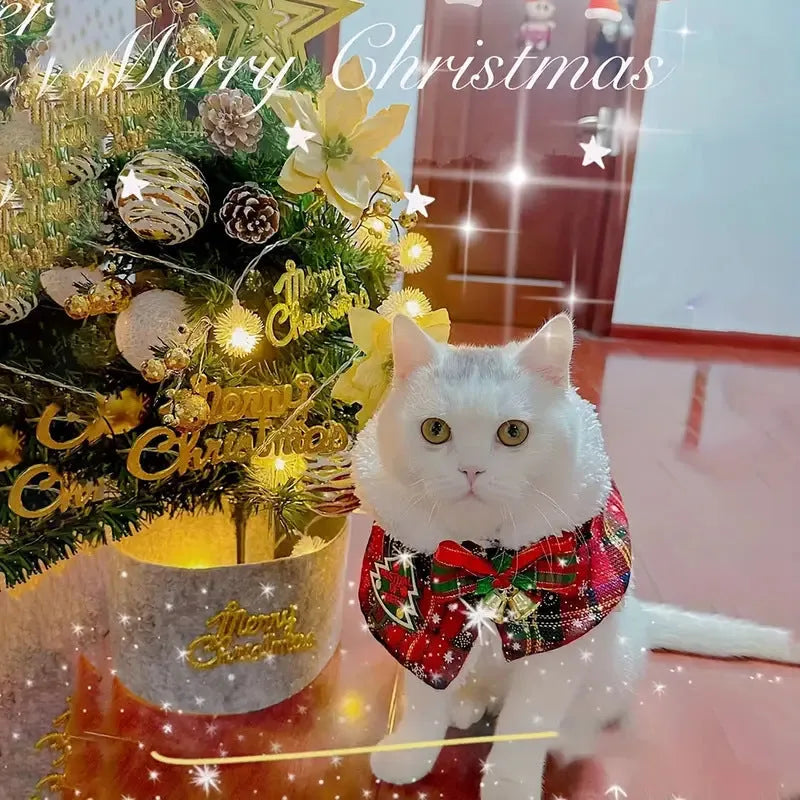Festive pet scarf for cats and dogs with snowflake design and red background for Christmas and winter wear