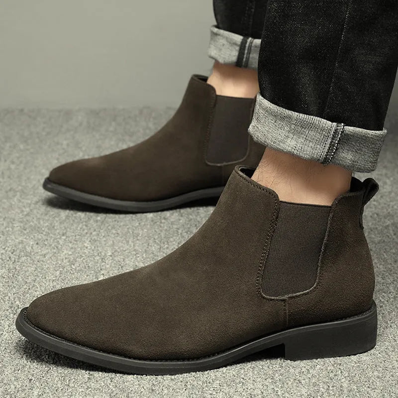 Men's pointed suede short Martin boots in black with cowhide upper and pigskin lining on a neutral background
