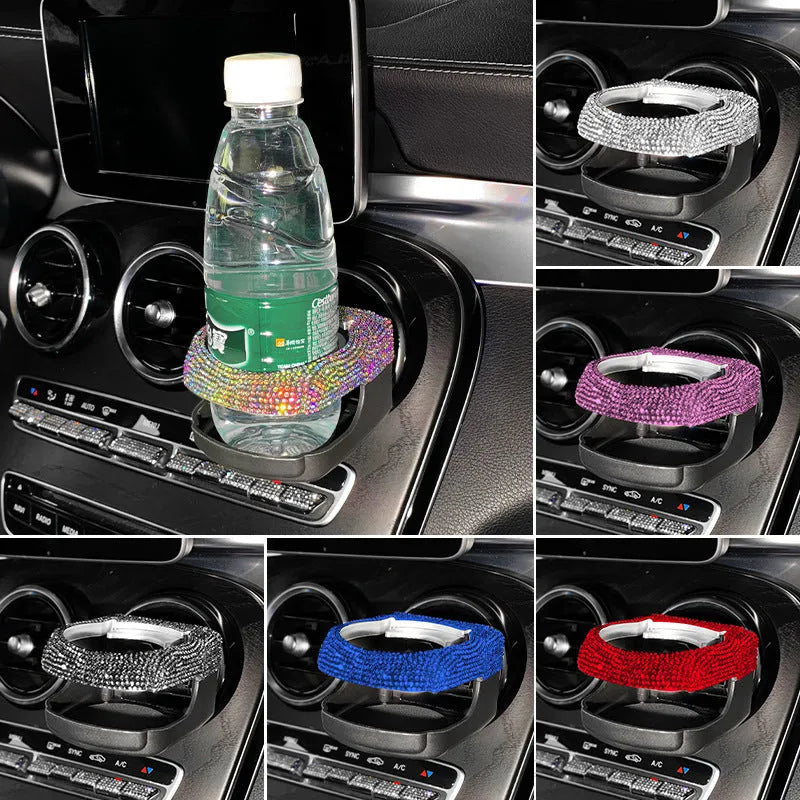 Car air vent cup holder bracket with rhinestone decoration in white diamond pattern