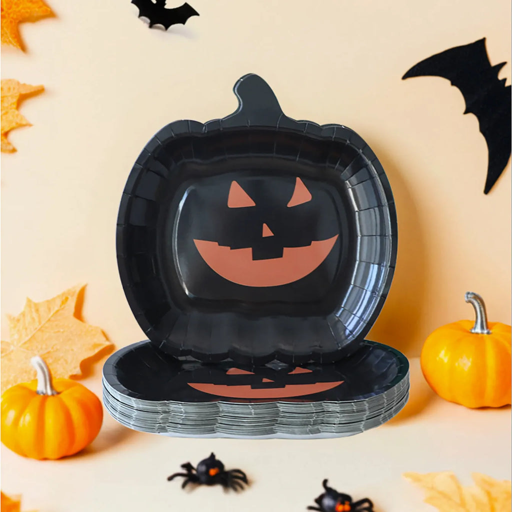 Black Halloween pumpkin design disposable paper plates in 9-inch size