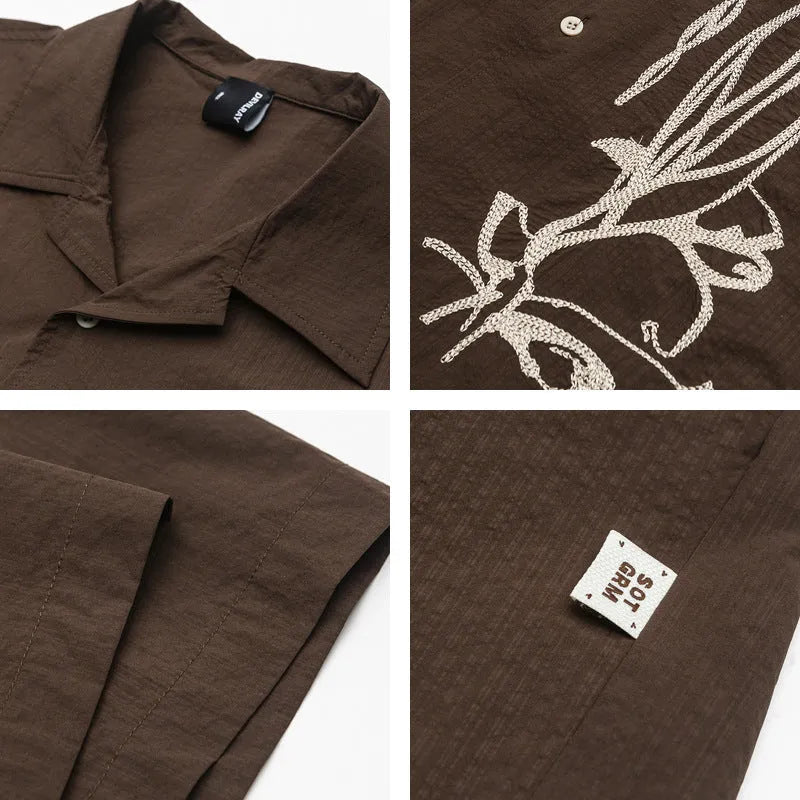 Brown coffee stripe outdoor shirt with Cuban collar and short sleeves.
