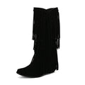 Women's suede mid-calf boots with square toe, tassel detail, and chunky heel in beige colour option